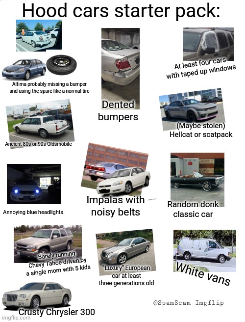 Hood Cars Starter Pack | Hood cars starter pack:; At least four cars with taped up windows; Altima probably missing a bumper and using the spare like a normal tire; Dented bumpers; (Maybe stolen) Hellcat or scatpack; Ancient 80s or 90s Oldsmobile; Impalas with noisy belts; Annoying blue headlights; Random donk classic car; Barely running Chevy Tahoe driven by a single mom with 5 kids; "Luxury" European car at least three generations old; White vans; @SpamScam Imgflip; Crusty Chrysler 300 | image tagged in hood,cars,fun | made w/ Imgflip meme maker