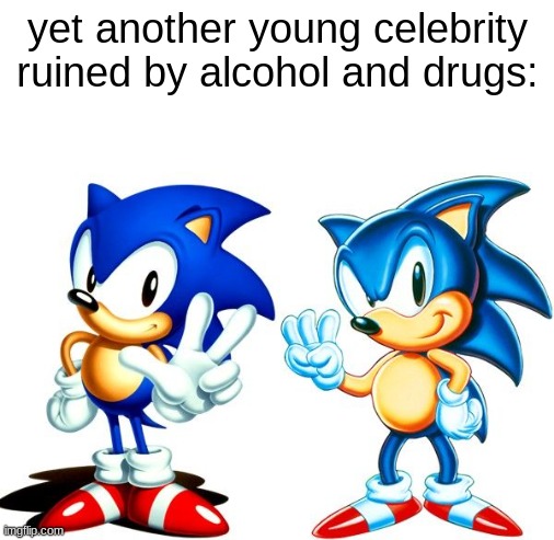 and he's my favorite to! sad, very sad. | yet another young celebrity ruined by alcohol and drugs: | image tagged in sonic the hedgehog,celebrity,american and japanese sonic | made w/ Imgflip meme maker