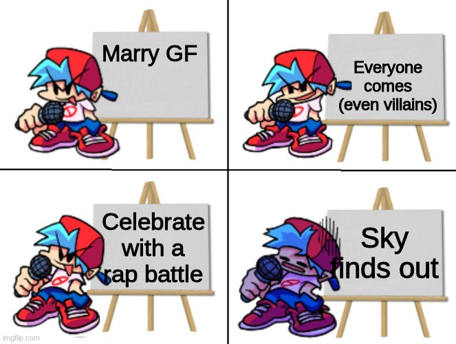 Married | Everyone comes (even villains); Marry GF; Celebrate with a rap battle; Sky finds out | image tagged in the bf's plan | made w/ Imgflip meme maker