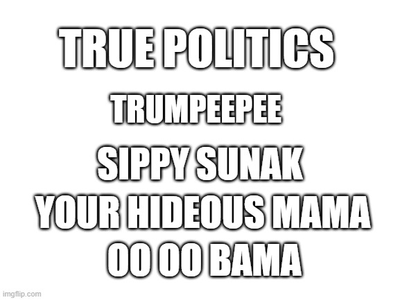 Blank White Template | TRUE POLITICS TRUMPEEPEE OO OO BAMA SIPPY SUNAK YOUR HIDEOUS MAMA | image tagged in blank white template | made w/ Imgflip meme maker