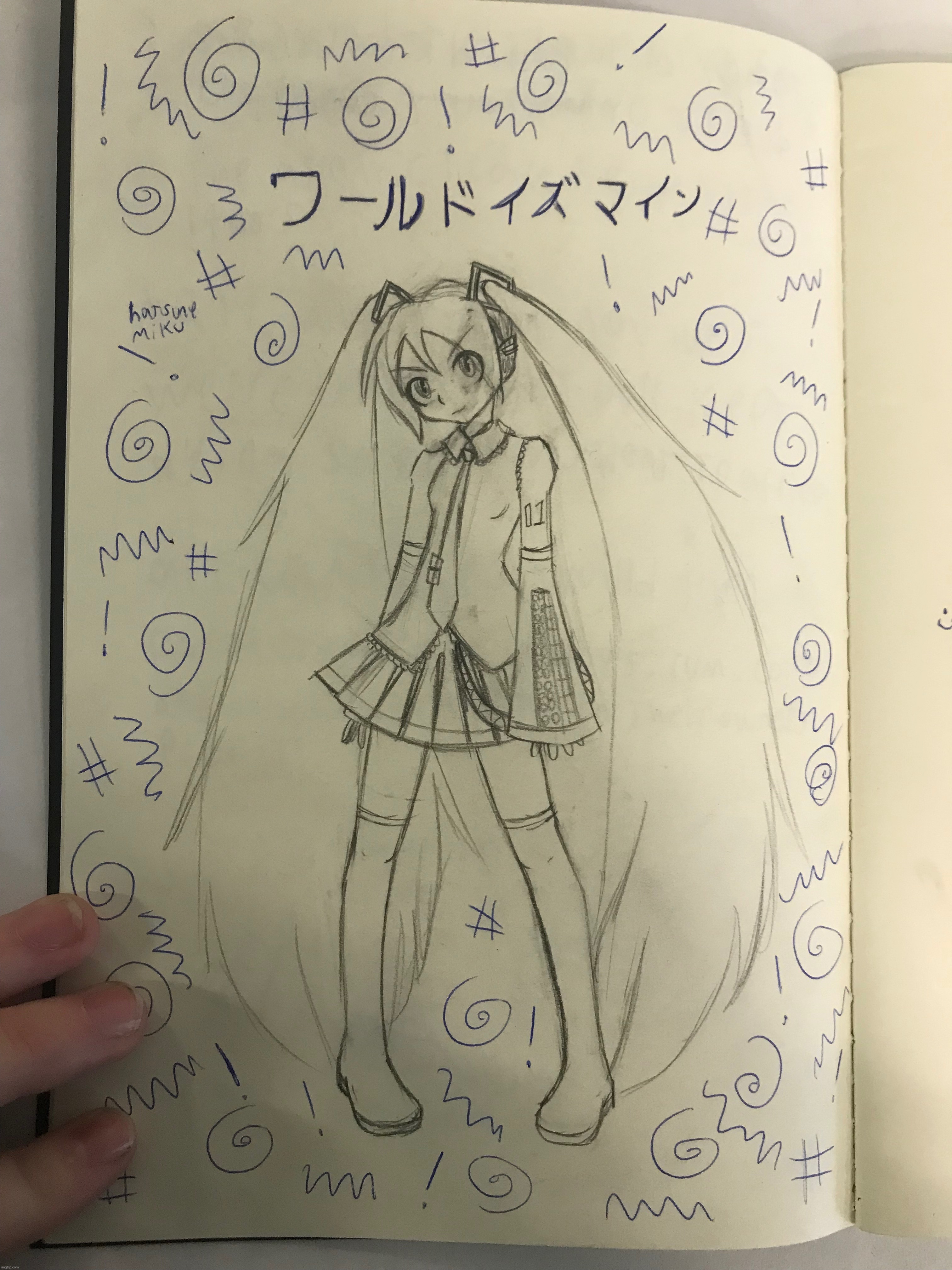 drew hatsune miku in my socials notebook cause i forgot the assignment | image tagged in art,drawing,hatsune miku,world is mine,vocaloid | made w/ Imgflip meme maker