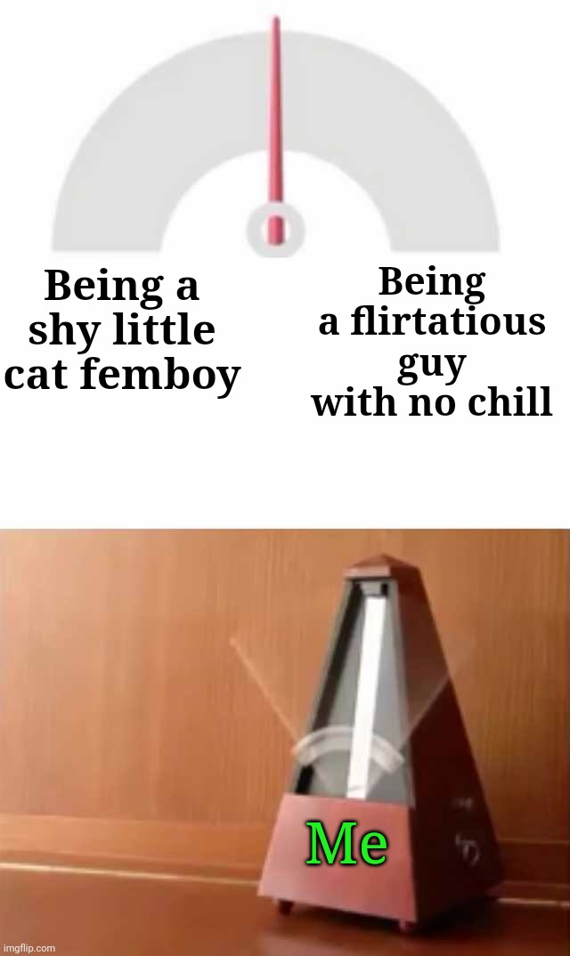 Why I'm like this I have no clue -A | Being a flirtatious guy with no chill; Being a shy little cat femboy; Me | image tagged in metronome | made w/ Imgflip meme maker