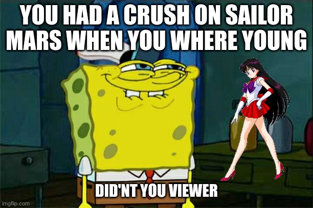 Don't You Squidward Meme | YOU HAD A CRUSH ON SAILOR MARS WHEN YOU WHERE YOUNG; DID'NT YOU VIEWER | image tagged in memes,don't you squidward,sailor moon,anime meme,crush,childhood | made w/ Imgflip meme maker