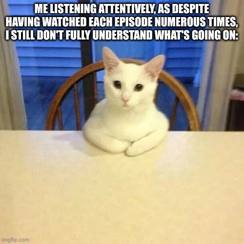 Cat At Table Listening | ME LISTENING ATTENTIVELY, AS DESPITE HAVING WATCHED EACH EPISODE NUMEROUS TIMES, I STILL DON'T FULLY UNDERSTAND WHAT'S GOING ON: | image tagged in cat at table listening | made w/ Imgflip meme maker