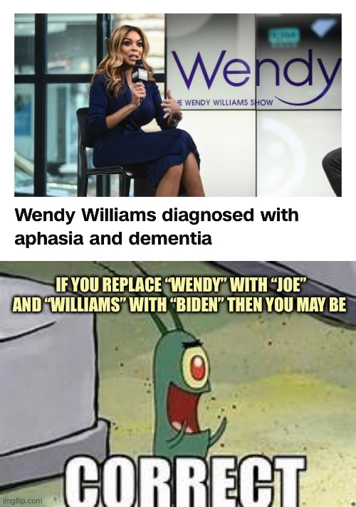 IF YOU REPLACE “WENDY” WITH “JOE” AND “WILLIAMS” WITH “BIDEN” THEN YOU MAY BE | image tagged in plankton correct | made w/ Imgflip meme maker
