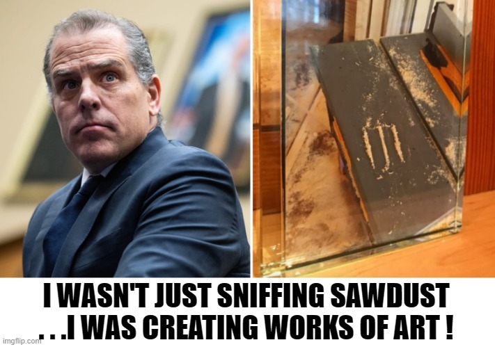 Hunter's Lawyers Claim it's sawdust | I WASN'T JUST SNIFFING SAWDUST . . .I WAS CREATING WORKS OF ART ! | image tagged in hunter biden,cocaine,sawdust | made w/ Imgflip meme maker
