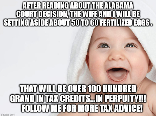 Tax Advice | AFTER READING ABOUT THE ALABAMA COURT DECISION, THE WIFE AND I WILL BE SETTING ASIDE ABOUT 50 TO 60 FERTILIZED EGGS . THAT WILL BE OVER 100 HUNDRED GRAND IN TAX CREDITS...IN PERPUITY!!!      FOLLOW ME FOR MORE TAX ADVICE! | image tagged in tax advice in alabama | made w/ Imgflip meme maker