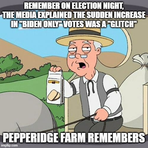 Pepperidge Farm Remembers Meme | REMEMBER ON ELECTION NIGHT, THE MEDIA EXPLAINED THE SUDDEN INCREASE IN "BIDEN ONLY" VOTES WAS A "GLITCH" PEPPERIDGE FARM REMEMBERS | image tagged in memes,pepperidge farm remembers | made w/ Imgflip meme maker