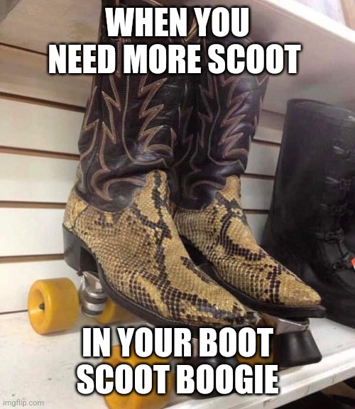 WHEN YOU NEED MORE SCOOT; IN YOUR BOOT SCOOT BOOGIE | image tagged in cowboy,boots,skating | made w/ Imgflip meme maker