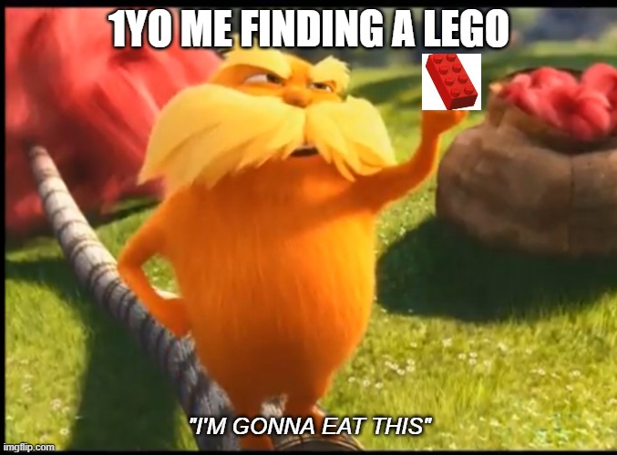 1yo me finding a lego | 1YO ME FINDING A LEGO; "I'M GONNA EAT THIS" | image tagged in marshmallow lorax | made w/ Imgflip meme maker