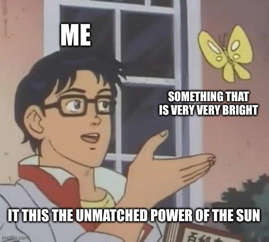 Is This A Pigeon Meme | ME; SOMETHING THAT IS VERY VERY BRIGHT; IT THIS THE UNMATCHED POWER OF THE SUN | image tagged in memes,is this a pigeon | made w/ Imgflip meme maker