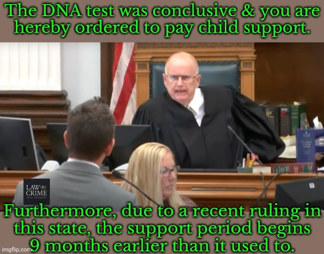 Life beginning at conception will be costly for men. | The DNA test was conclusive & you are
hereby ordered to pay child support. Furthermore, due to a recent ruling in
this state, the support period begins
9 months earlier than it used to. | image tagged in judge makes his ruling,deadbeat dad,alabama,pro-life | made w/ Imgflip meme maker