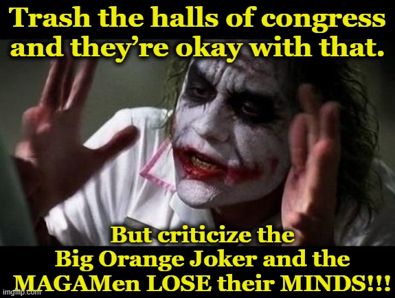 MAGA loses their Minds | Trash the halls of congress and they’re okay with that. But criticize the Big Orange Joker and the MAGAMen LOSE their MINDS!!! | image tagged in joker everyone loses their minds,maga,the joker,donald trump the clown,nevertrump meme,trump | made w/ Imgflip meme maker
