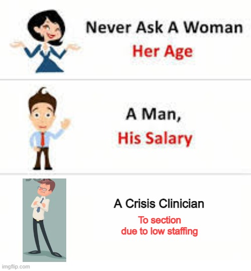 never ask a crisis clinician | A Crisis Clinician; To section due to low staffing | image tagged in never ask a woman her age,crisis,crisis clinician,mental health,crisis eval,section 12 | made w/ Imgflip meme maker