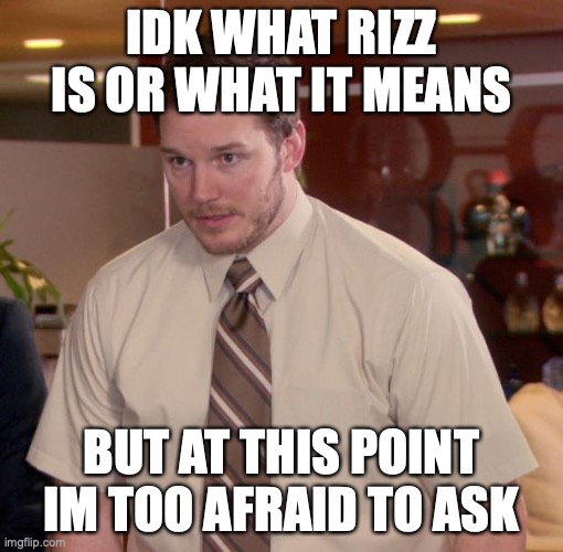 help | IDK WHAT RIZZ IS OR WHAT IT MEANS; BUT AT THIS POINT IM TOO AFRAID TO ASK | image tagged in at this point im too afraid to ask,what does it mean,memes | made w/ Imgflip meme maker