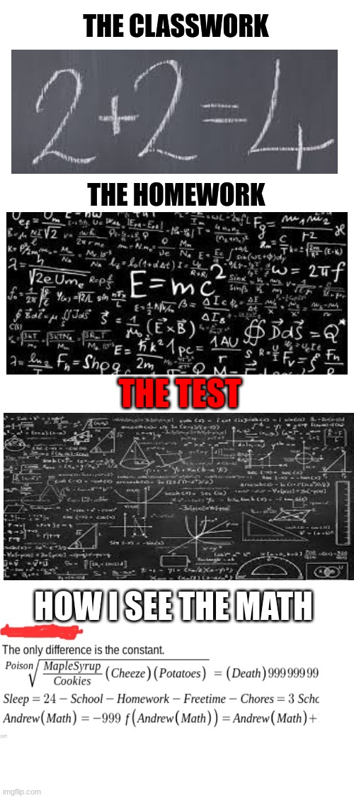 Math In A Nutshell      The Ultimate Math Meme | THE CLASSWORK; THE HOMEWORK; THE TEST; HOW I SEE THE MATH | image tagged in math in a nutshell | made w/ Imgflip meme maker