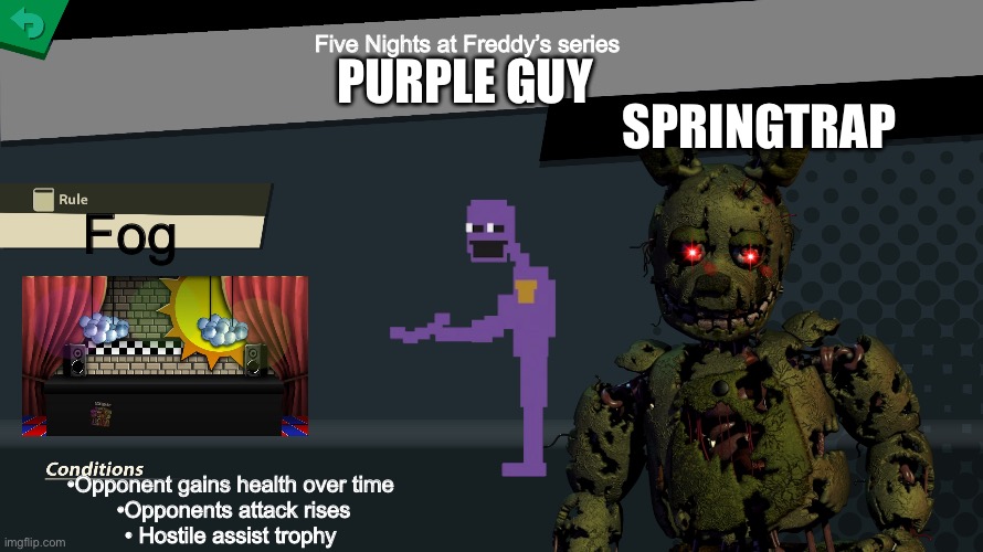 FNAF in Smash | Five Nights at Freddy’s series; PURPLE GUY; SPRINGTRAP; Fog; •Opponent gains health over time 
•Opponents attack rises
• Hostile assist trophy | image tagged in smash bros spirit fight | made w/ Imgflip meme maker