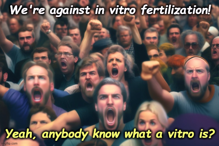 As if Dobbs weren't enough. Christian Nationalists may yet sink the Republican Party once and for all. | We're against in vitro fertilization! Yeah, anybody know what a vitro is? | image tagged in maga,primitive,ignorant,theocracy,democracy,christians | made w/ Imgflip meme maker