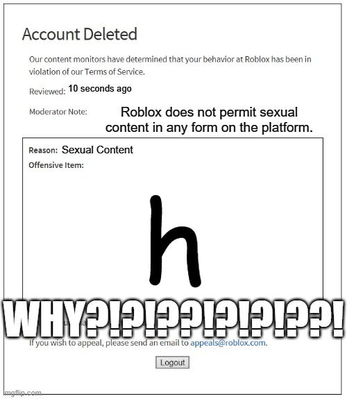 h | 10 seconds ago; Roblox does not permit sexual content in any form on the platform. Sexual Content; h; WHY?!?!??!?!?!??! | image tagged in banned from roblox | made w/ Imgflip meme maker