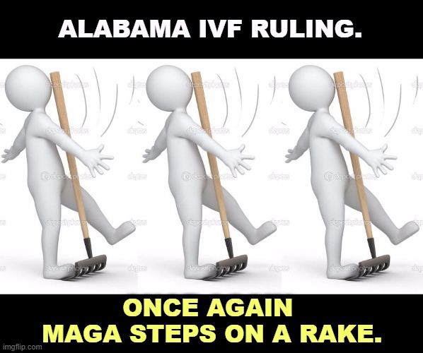 Republicans chase away voters. They can't seem to stop themselves. | ALABAMA IVF RULING. ONCE AGAIN 
MAGA STEPS ON A RAKE. | image tagged in alabama,maga,extreme,foolish,losers,christian | made w/ Imgflip meme maker