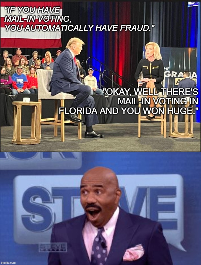 Ooooh snap!! Laura Ingraham totally punked him in front of his peeps!! | "IF YOU HAVE MAIL-IN VOTING, YOU AUTOMATICALLY HAVE FRAUD."; "OKAY, WELL THERE'S MAIL-IN VOTING IN FLORIDA AND YOU WON HUGE." | image tagged in trump town hall,oh snap | made w/ Imgflip meme maker