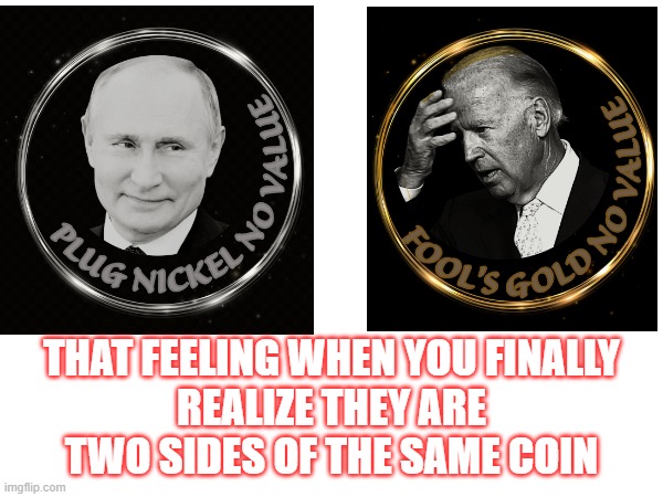 No Cents | THAT FEELING WHEN YOU FINALLY
 REALIZE THEY ARE 
TWO SIDES OF THE SAME COIN | image tagged in biden,putin,no value,they're the same | made w/ Imgflip meme maker