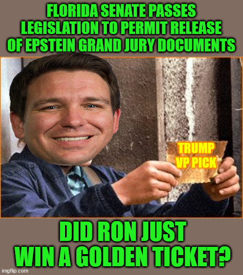 Ron hoping to get picked? | FLORIDA SENATE PASSES LEGISLATION TO PERMIT RELEASE OF EPSTEIN GRAND JURY DOCUMENTS; TRUMP VP PICK; DID RON JUST WIN A GOLDEN TICKET? | image tagged in the golden ticket,sanctimonious,looking for a vp pick | made w/ Imgflip meme maker