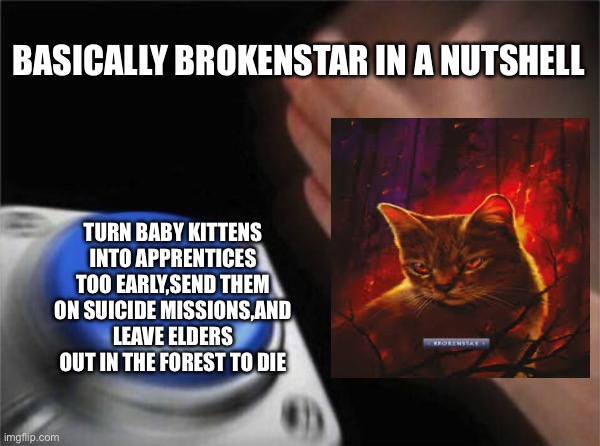 Brokenstar in a nutshell (poor Poolcloud) | BASICALLY BROKENSTAR IN A NUTSHELL; TURN BABY KITTENS INTO APPRENTICES TOO EARLY,SEND THEM ON SUICIDE MISSIONS,AND LEAVE ELDERS OUT IN THE FOREST TO DIE | image tagged in memes,blank nut button,warrior cats | made w/ Imgflip meme maker