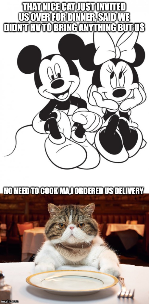 THAT NICE CAT JUST INVITED US OVER FOR DINNER, SAID WE DIDN'T HV TO BRING ANYTHING BUT US; NO NEED TO COOK MA,I ORDERED US DELIVERY | image tagged in minnie and mickey,hungry cat | made w/ Imgflip meme maker
