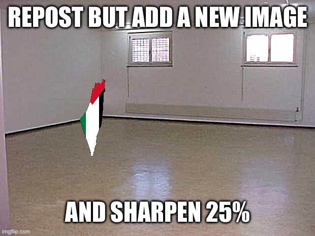 Over time, older images will get more sharpened, which could indicate age of that meme | REPOST BUT ADD A NEW IMAGE; AND SHARPEN 25% | image tagged in empty room | made w/ Imgflip meme maker