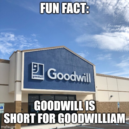 Goodwill | FUN FACT:; GOODWILL IS SHORT FOR GOODWILLIAM | image tagged in meme,funny meme | made w/ Imgflip meme maker