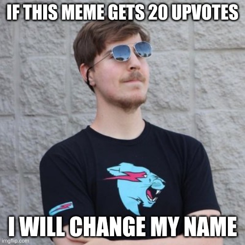 i know what to change it to | IF THIS MEME GETS 20 UPVOTES; I WILL CHANGE MY NAME | image tagged in mr beast,name change,ye | made w/ Imgflip meme maker