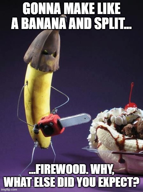Banana lumberjack | GONNA MAKE LIKE A BANANA AND SPLIT... ...FIREWOOD. WHY, WHAT ELSE DID YOU EXPECT? | image tagged in banana,chainsaw | made w/ Imgflip meme maker
