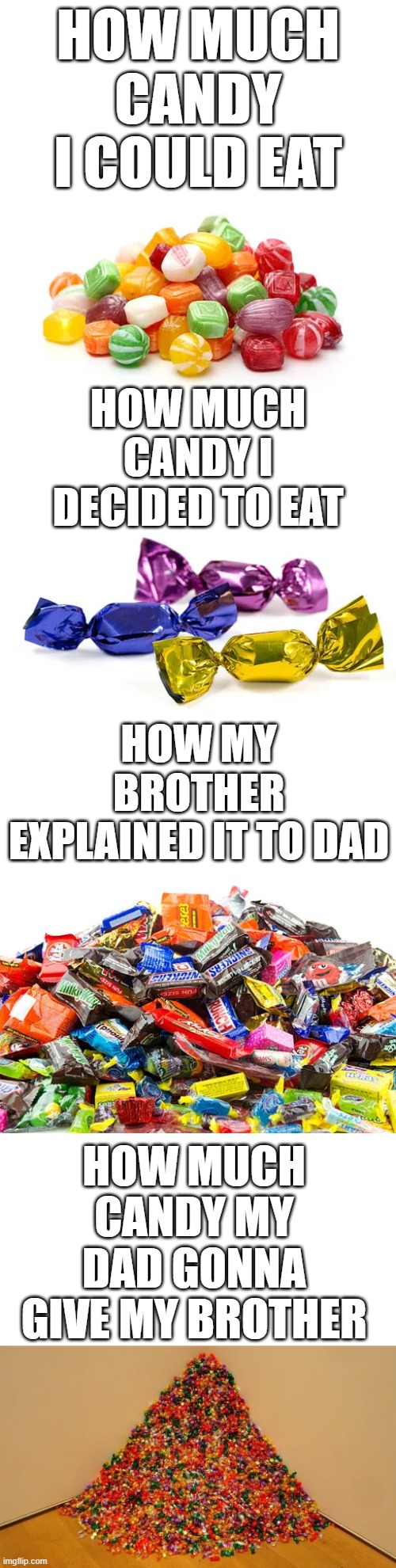 why does this always have to happen | HOW MUCH CANDY I COULD EAT; HOW MUCH CANDY I DECIDED TO EAT; HOW MY BROTHER EXPLAINED IT TO DAD; HOW MUCH CANDY MY DAD GONNA GIVE MY BROTHER | image tagged in candy levels,candy,brother,dad | made w/ Imgflip meme maker