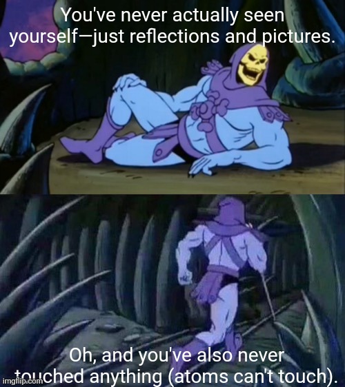 Skeletor disturbing facts | You've never actually seen yourself—just reflections and pictures. Oh, and you've also never touched anything (atoms can't touch). | image tagged in skeletor disturbing facts | made w/ Imgflip meme maker