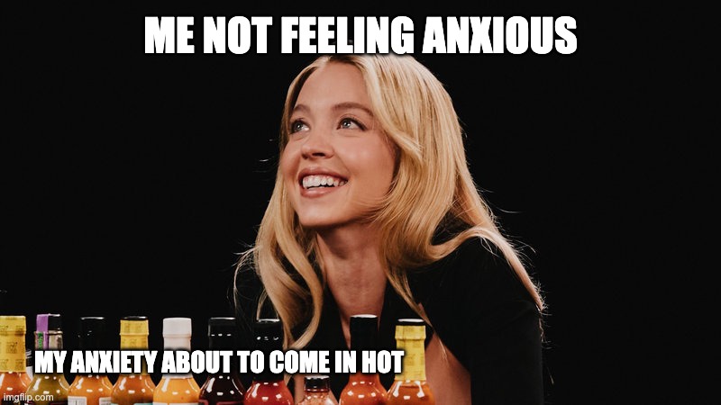 hot anxiety | ME NOT FEELING ANXIOUS; MY ANXIETY ABOUT TO COME IN HOT | image tagged in sydney sweeney hot ones | made w/ Imgflip meme maker