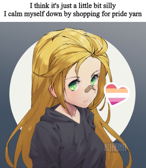 Updated Holly | I think it's just a little bit silly I calm myself down by shopping for pride yarn | image tagged in updated holly | made w/ Imgflip meme maker