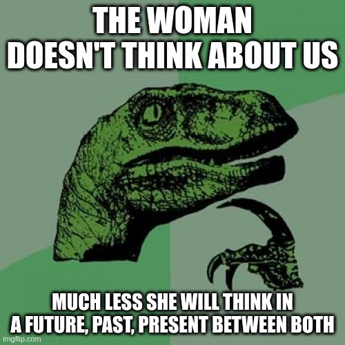 past | THE WOMAN DOESN'T THINK ABOUT US; MUCH LESS SHE WILL THINK IN A FUTURE, PAST, PRESENT BETWEEN BOTH | image tagged in memes,philosoraptor | made w/ Imgflip meme maker