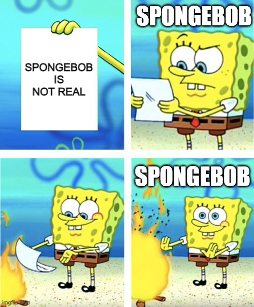 Spongebob | SPONGEBOB; SPONGEBOB IS NOT REAL; SPONGEBOB | image tagged in memes | made w/ Imgflip meme maker