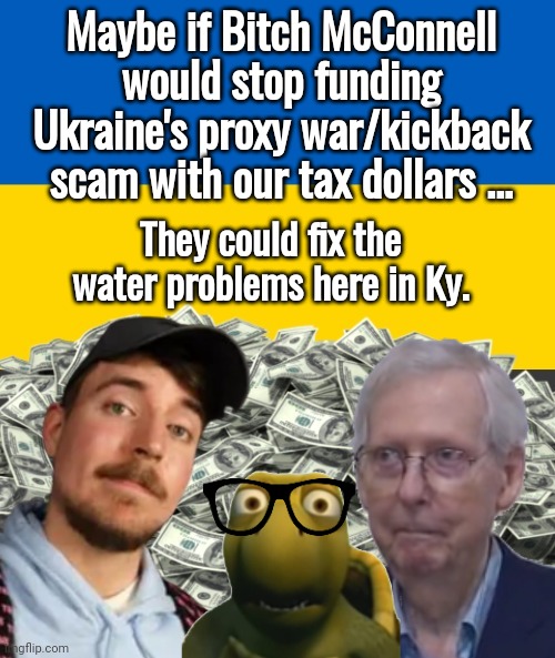 Mitch McConnell Ukrainian kickback scsm | Maybe if Bitch McConnell would stop funding Ukraine's proxy war/kickback scam with our tax dollars ... They could fix the water problems here in Ky. | image tagged in ukraine kickback scsm,mitch mcconnell,turtles | made w/ Imgflip meme maker