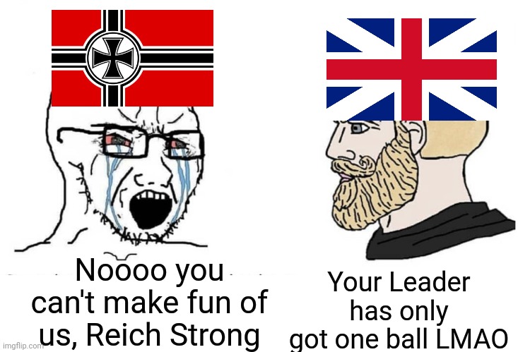 One Ball only | Noooo you can't make fun of us, Reich Strong; Your Leader has only got one ball LMAO | image tagged in soyboy vs yes chad | made w/ Imgflip meme maker
