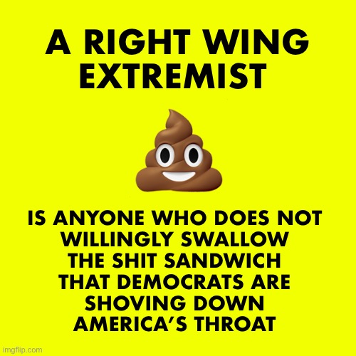 Raise your hand if this describes you | A RIGHT WING
EXTREMIST; 💩; IS ANYONE WHO DOES NOT 
WILLINGLY SWALLOW 
THE SHIT SANDWICH 
THAT DEMOCRATS ARE 
SHOVING DOWN 
AMERICA’S THROAT | image tagged in right wing | made w/ Imgflip meme maker