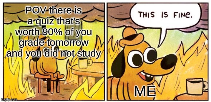 This Is Fine | POV there is a quiz that's worth 90% of you grade tomorrow and you did not study; ME | image tagged in memes,this is fine | made w/ Imgflip meme maker