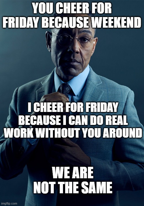 real work on friday | YOU CHEER FOR FRIDAY BECAUSE WEEKEND; I CHEER FOR FRIDAY BECAUSE I CAN DO REAL WORK WITHOUT YOU AROUND; WE ARE NOT THE SAME | image tagged in gus fring we are not the same,real work,friday | made w/ Imgflip meme maker