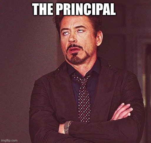 THE PRINCIPAL | image tagged in robert downey jr annoyed | made w/ Imgflip meme maker