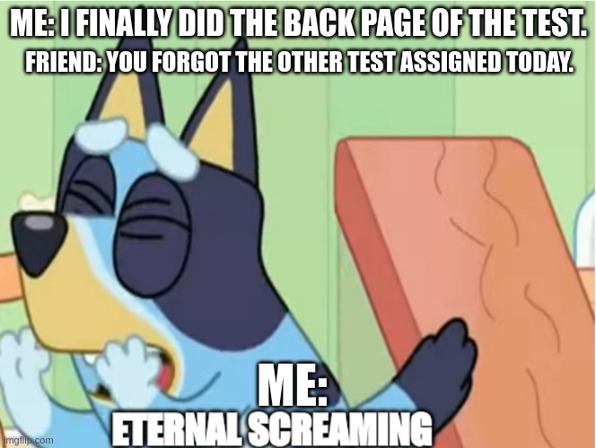 i hate this it sucks | ME: I FINALLY DID THE BACK PAGE OF THE TEST. FRIEND: YOU FORGOT THE OTHER TEST ASSIGNED TODAY. ME: | image tagged in bluey eternal screaming,memes,funny,bluey,school,middle school | made w/ Imgflip meme maker