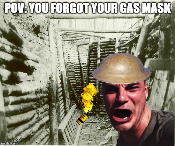Oop | POV: YOU FORGOT YOUR GAS MASK | image tagged in ww1,goofy,gas | made w/ Imgflip meme maker
