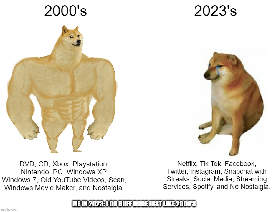 I use 2000's like Buff Doge | 2000's; 2023's; DVD, CD, Xbox, Playstation, Nintendo, PC, Windows XP, Windows 7, Old YouTube Videos, Scan, Windows Movie Maker, and Nostalgia. Netflix, Tik Tok, Facebook, Twitter, Instagram, Snapchat with Streaks, Social Media, Streaming Services, Spotify, and No Nostalgia. ME IN 2023: I DO BUFF DOGE JUST LIKE 2000'S | image tagged in memes,buff doge vs cheems | made w/ Imgflip meme maker