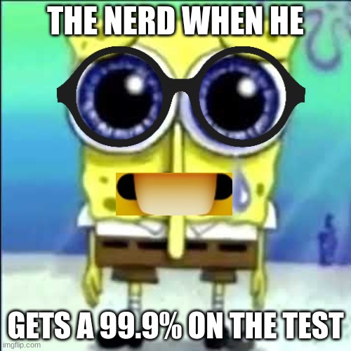WHOS THE NERD NOW | THE NERD WHEN HE; GETS A 99.9% ON THE TEST | image tagged in sad spongebob | made w/ Imgflip meme maker