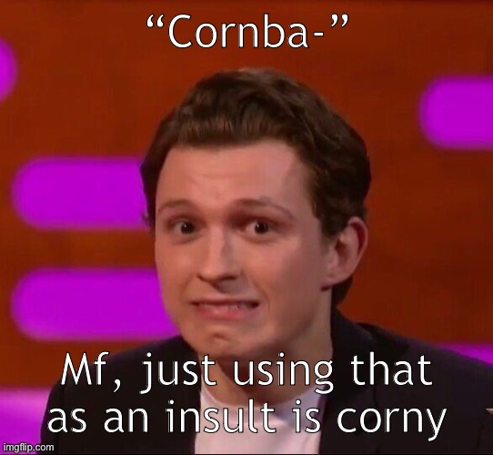 Tom Holland | “Cornba-”; Mf, just using that as an insult is corny | image tagged in tom holland | made w/ Imgflip meme maker